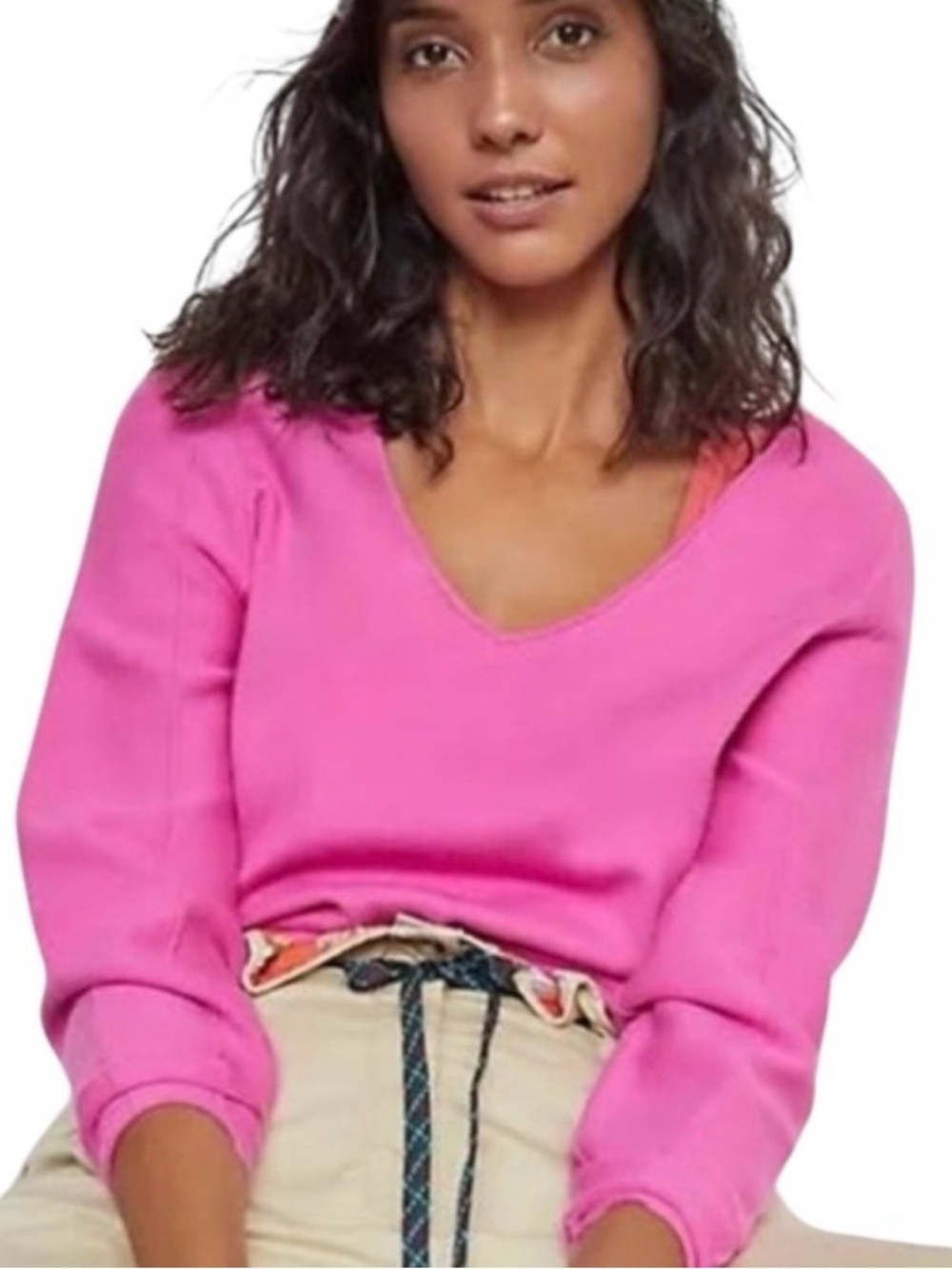 Maeve by Anthropologie Lupita Double V Neck Sweater Drop Shoulder Hot Pink Med